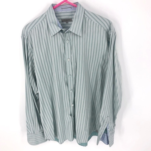 Ted Baker 100% Cotton Striped Button Down Shirt Top Blue Green Mens Size 4 Large - Picture 1 of 11